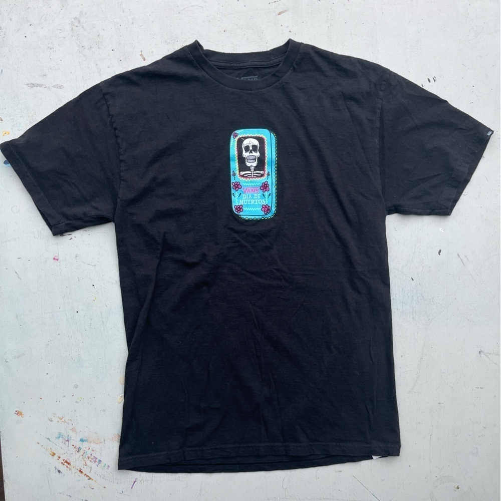 Women's VANS T-Shirt Black Dia de la Muertos M Skate Surf Punk Dead Skeleton